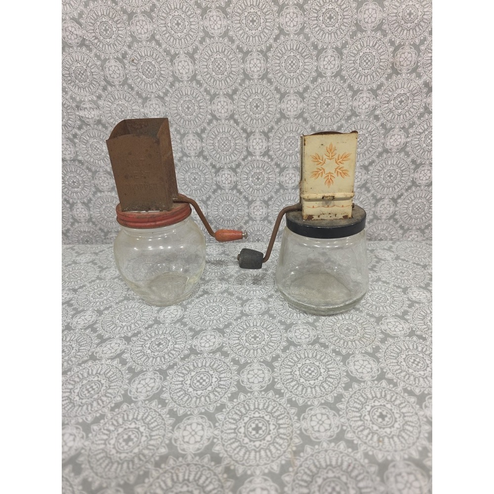 2- Vintage Nut Meat Chopper Glass Jar Kitchen Gadget Retro Kitchenware DISPLAY